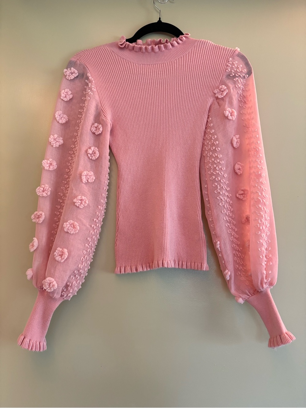 Almost Famous Pink Puff-Sleeve Floral Knit Sweater